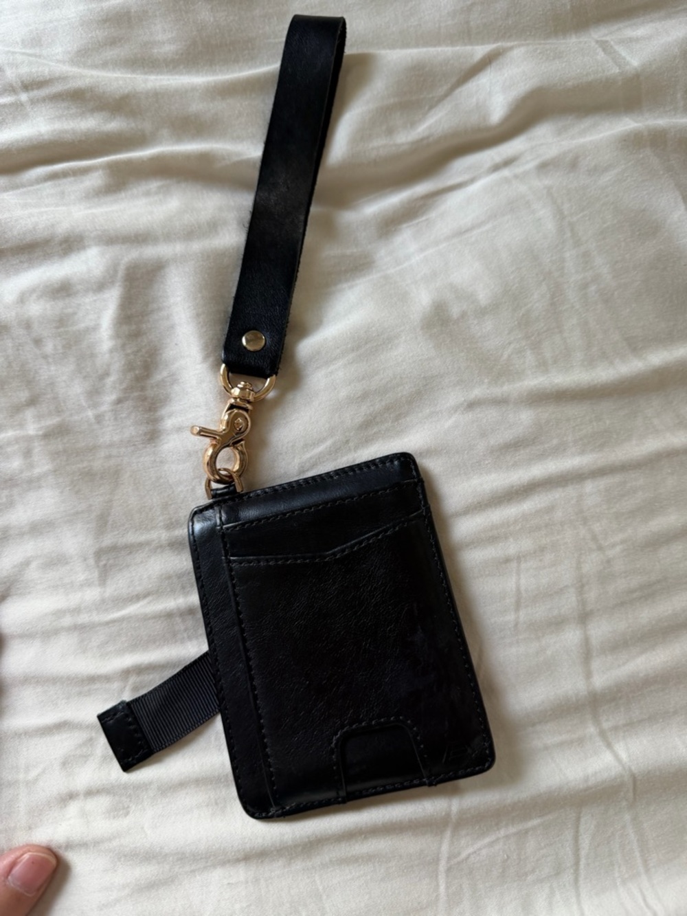 Black Leather Wristlet Card Holder with Gold Hardware Strap
